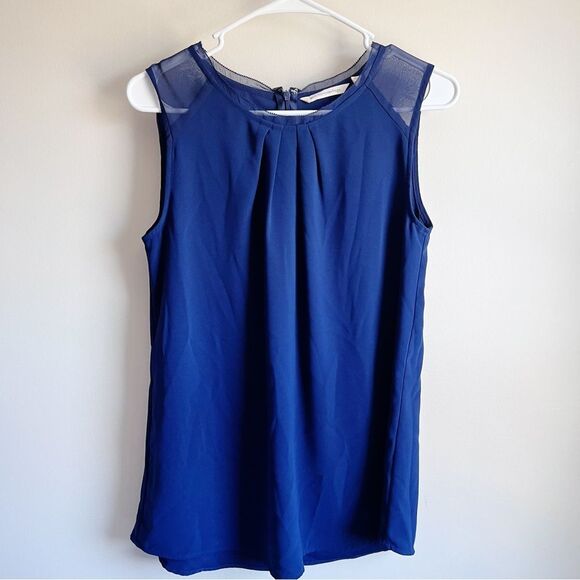 Soft Surroundings Navy Blue Zipper Back Mesh Trim Teagan Tunic Tank Top - Picture 1 of 4